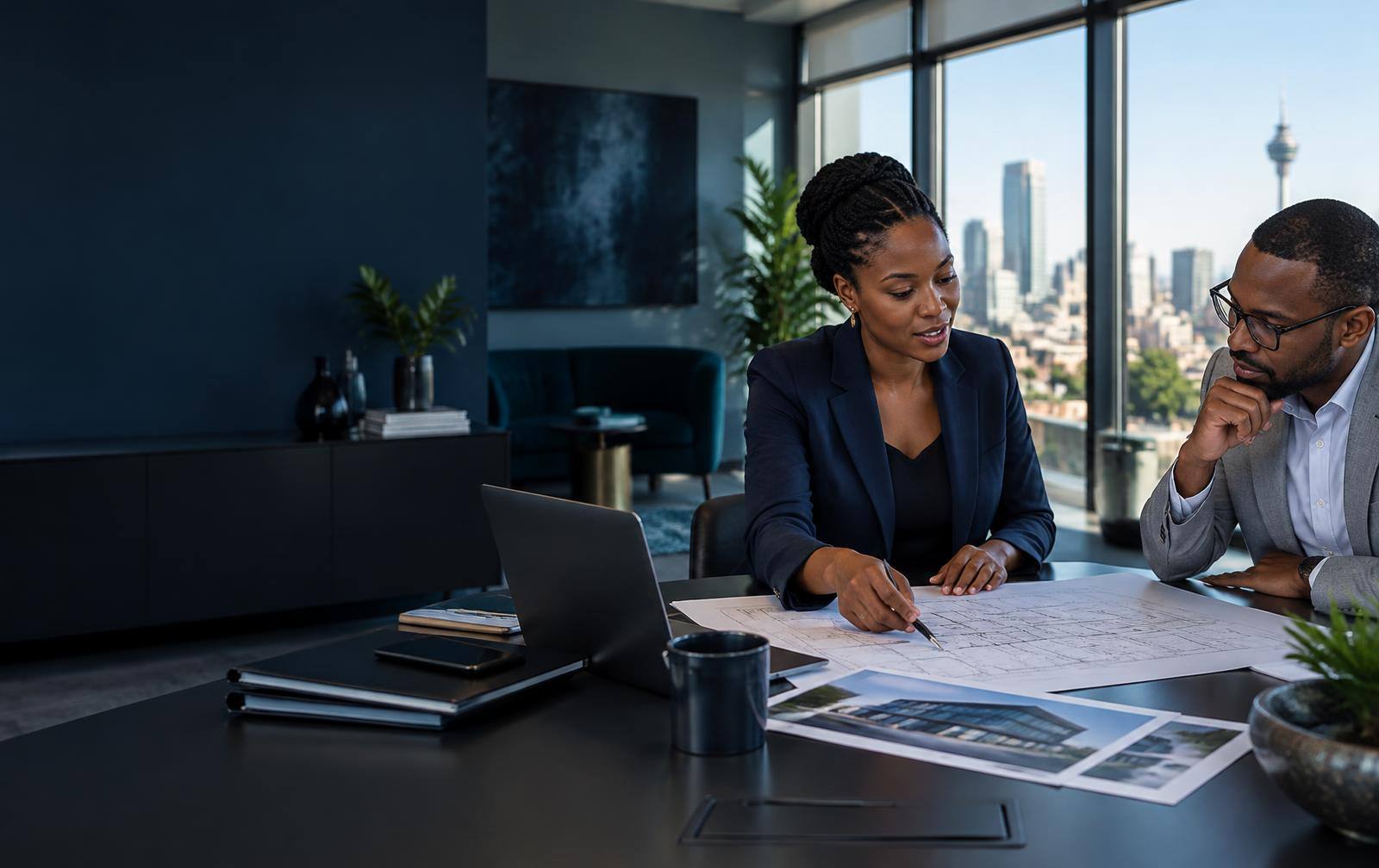 A broker discussing commercial risk with a client