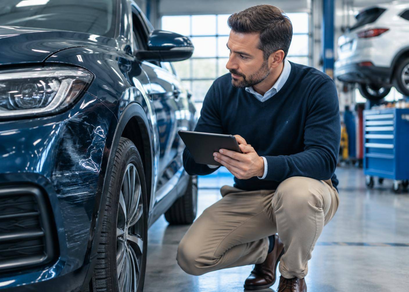 Professional assessor documenting vehicle damage